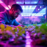 A photograph of a lighting contractor examining a high-tech hydroponic setup