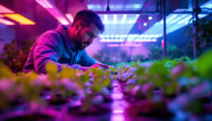 A photograph of a lighting contractor examining a high-tech hydroponic setup