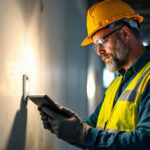 A photograph of a lighting contractor working efficiently on a job site