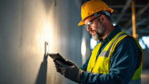 A photograph of a lighting contractor working efficiently on a job site