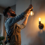 A photograph of a skilled lighting contractor installing or adjusting a stylish light fixture in a modern interior setting