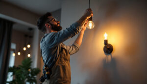 A photograph of a skilled lighting contractor installing or adjusting a stylish light fixture in a modern interior setting