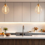 A photograph of a beautifully designed kitchen featuring an elegant pendant light fixture that highlights the space's ambiance and functionality