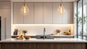 A photograph of a beautifully designed kitchen featuring an elegant pendant light fixture that highlights the space's ambiance and functionality