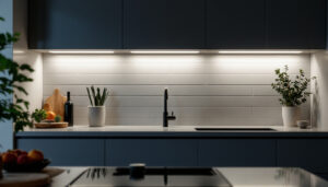 A photograph of a well-designed kitchen featuring sleek under-cabinet led lights illuminating the countertop