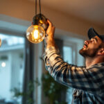 A photograph of a skilled lighting contractor expertly installing a stylish light fixture in a modern interior space