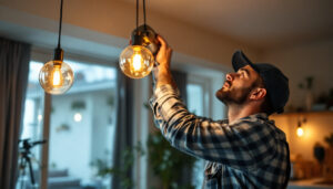 A photograph of a skilled lighting contractor expertly installing a stylish light fixture in a modern interior space