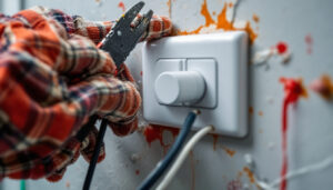 A photograph of a close-up of a dimmable light switch being installed by a lighting contractor