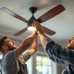 A photograph of a professional lighting contractor installing or adjusting a stylish ceiling fan in a modern home setting