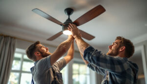 A photograph of a professional lighting contractor installing or adjusting a stylish ceiling fan in a modern home setting