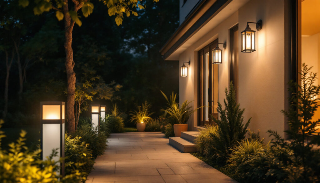A photograph of a well-lit outdoor space showcasing various stylish exterior lighting fixtures