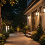 A photograph of a well-lit outdoor space showcasing various stylish exterior lighting fixtures