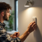 A photograph of a lighting contractor in action