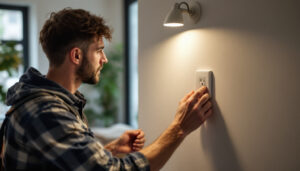 A photograph of a lighting contractor in action