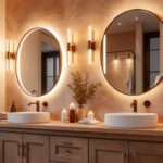 A photograph of a stylish bathroom featuring elegant vanity light fixtures that highlight the space