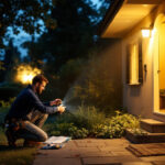 A photograph of a lighting contractor installing outdoor led flood lights in a residential or commercial setting