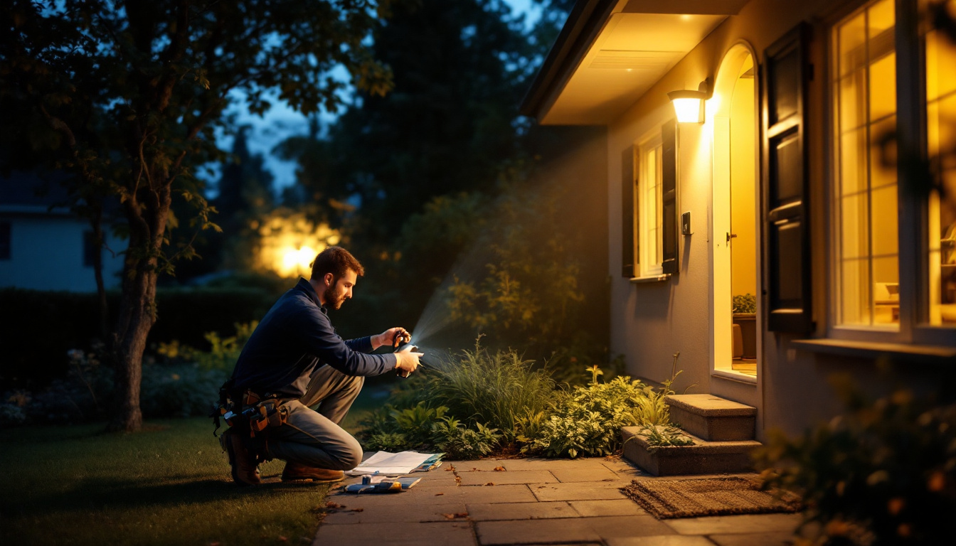A photograph of a lighting contractor installing outdoor led flood lights in a residential or commercial setting