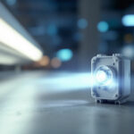 A photograph of a close-up view of a fluorescent light ballast alongside a lit fluorescent light fixture