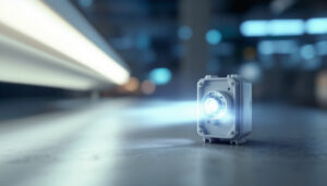 A photograph of a close-up view of a fluorescent light ballast alongside a lit fluorescent light fixture