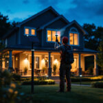 A photograph of a lighting contractor installing solar security lights in a residential outdoor setting during dusk