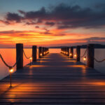 A photograph of a beautifully lit dock at sunset