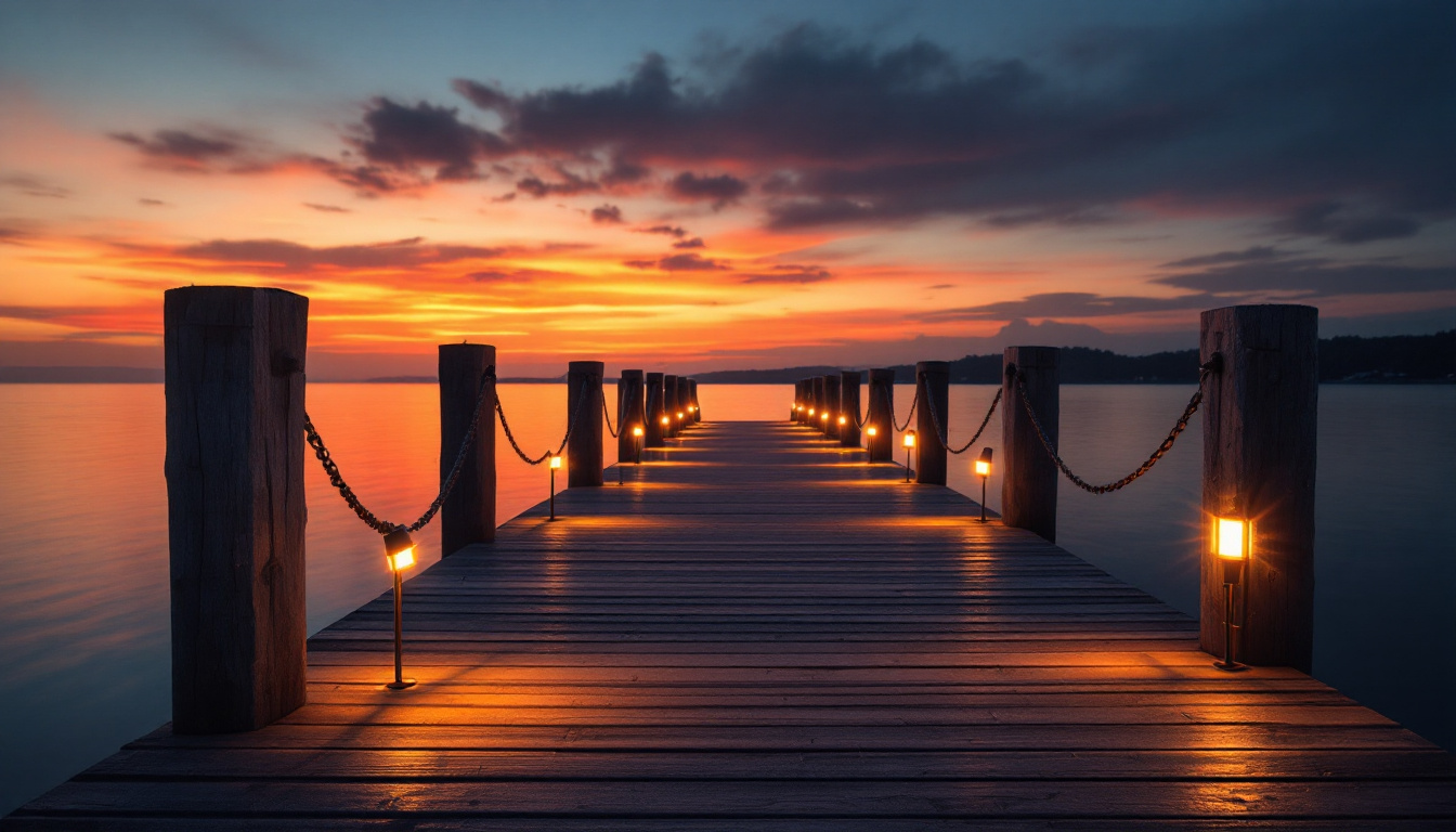 A photograph of a beautifully lit dock at sunset