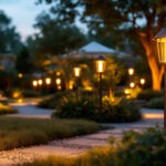 A photograph of a beautifully landscaped outdoor space illuminated by various solar-powered lights at dusk