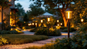 A photograph of a beautifully landscaped outdoor space illuminated by various solar-powered lights at dusk