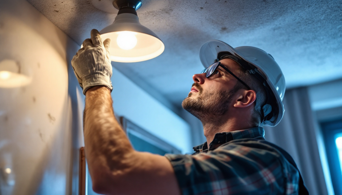 A photograph of a skilled lighting contractor installing an overhead light fixture in a well-lit