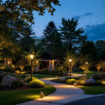 A photograph of a beautifully illuminated outdoor landscape showcasing various landscape lighting techniques