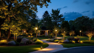 A photograph of a beautifully illuminated outdoor landscape showcasing various landscape lighting techniques