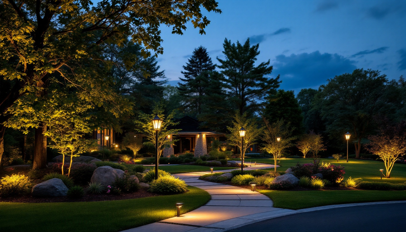 A photograph of a beautifully illuminated outdoor landscape showcasing various landscape lighting techniques