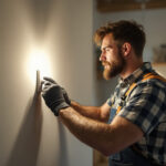 A photograph of a skilled lighting contractor installing a modern light switch in a stylish home setting