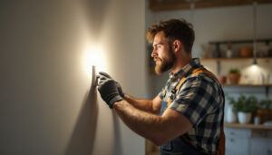 A photograph of a skilled lighting contractor installing a modern light switch in a stylish home setting