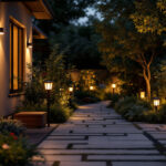 A photograph of a well-lit outdoor space showcasing a variety of solar power outdoor lights in use