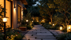 A photograph of a well-lit outdoor space showcasing a variety of solar power outdoor lights in use