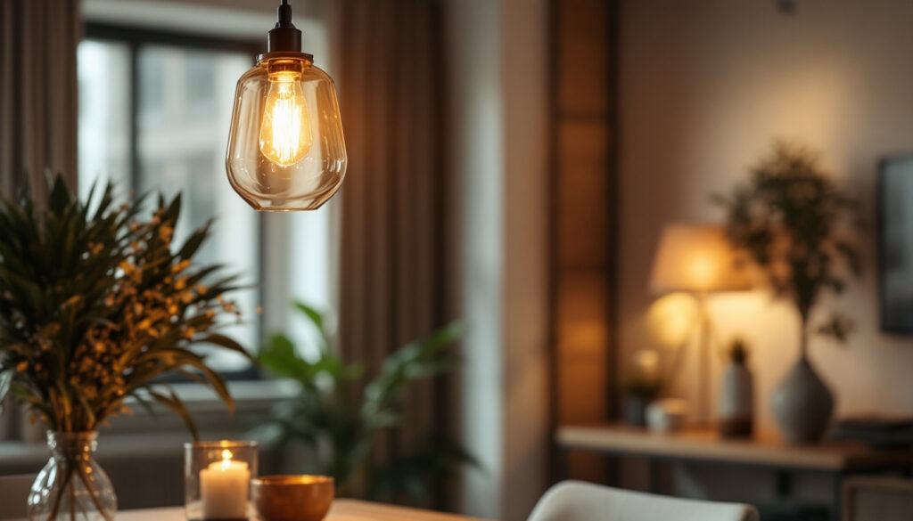 A photograph of a beautifully designed hanging light fixture in a well-lit