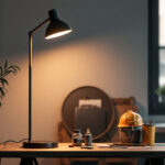 A photograph of a stylish industrial floor lamp in a modern workspace setting
