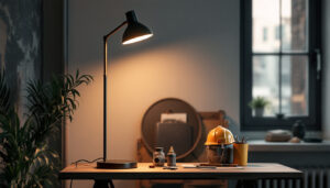 A photograph of a stylish industrial floor lamp in a modern workspace setting