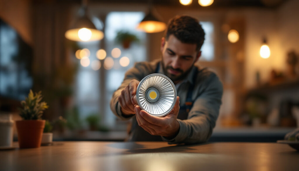 A photograph of a lighting contractor installing or showcasing an mr16 bulb in a well-lit environment