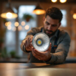 A photograph of a lighting contractor installing or showcasing an mr16 bulb in a well-lit environment