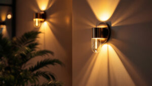 A photograph of a beautifully designed wall light sconce illuminating a cozy living space