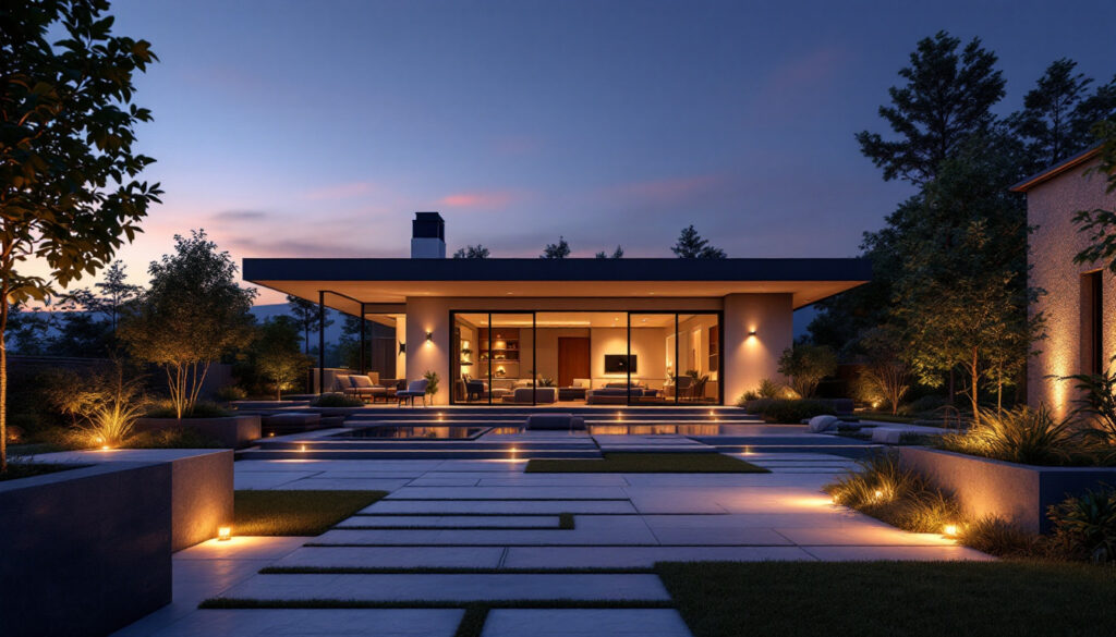 A photograph of a beautifully illuminated modern exterior space at dusk