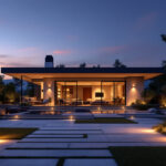 A photograph of a beautifully illuminated modern exterior space at dusk