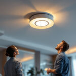 A photograph of a well-lit ceiling featuring a sleek
