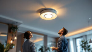 A photograph of a well-lit ceiling featuring a sleek