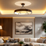 A photograph of a beautifully designed living room featuring a stylish ceiling light fixture