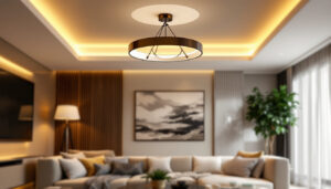 A photograph of a beautifully designed living room featuring a stylish ceiling light fixture
