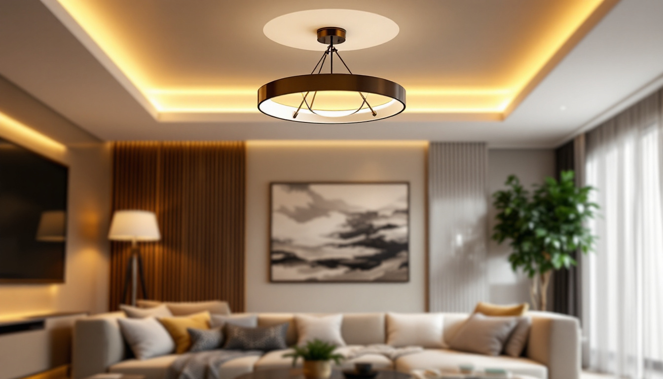 A photograph of a beautifully designed living room featuring a stylish ceiling light fixture
