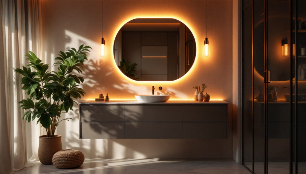 A photograph of a beautifully designed bathroom vanity illuminated by stylish